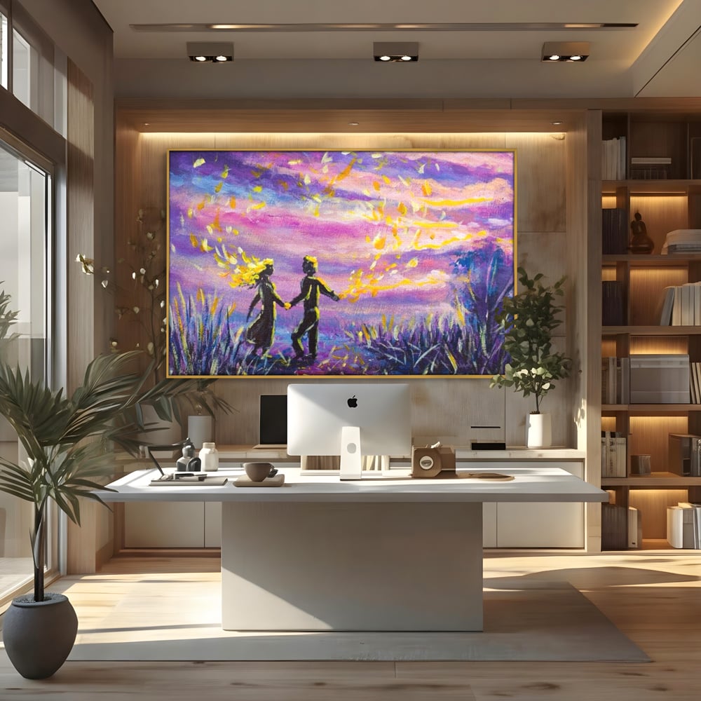 Tablou canvas cu tablou canvas cuplu sub cer lila, in rama de aluminiu auriu, pe perete intr-un birou